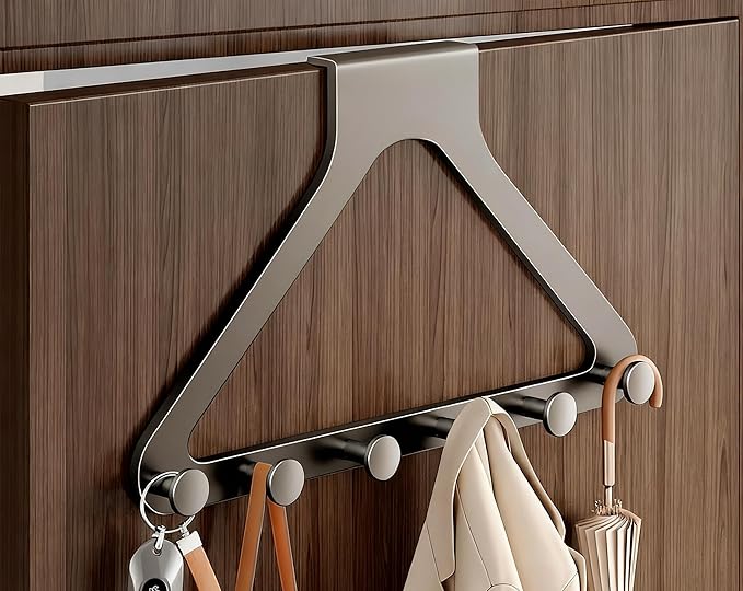 Over Door Hooks, No Drill Silent Use 6 Hooks for Towels & Clothes, Modern Matte Metal 10.6 inch (Gunmetal Gray, Extended)