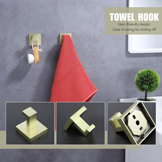 LANC 3-Pack Towel Hooks for Bathroom Wall Hooks, Brushed Gold Coat Hooks Heavy Duty Stainless Steel Hand Towel Hangers, Square Robe Hook for Bathroom Kitchen Garage Hotel, A8805BG-P3