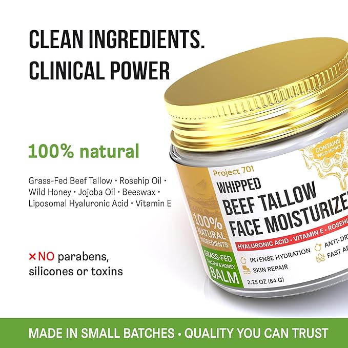 Beef Tallow Face Moisturizer - Grass Fed Tallow & Honey Balm with Liposomal Hyaluronic Acid in Glass Jar - Natural Anti Aging Day & Night Cream for Dry Sensitive Skin - 2.25 oz