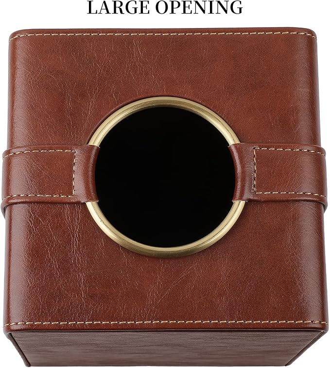 Luxury Square Tissue Box Cover, PU Leather Tissue Box Holder with Magnetic Closure and Gold Decorative Grommets for Bathroom Bedroom, Decorative Elegant Cube Tissue Holder (Brown)