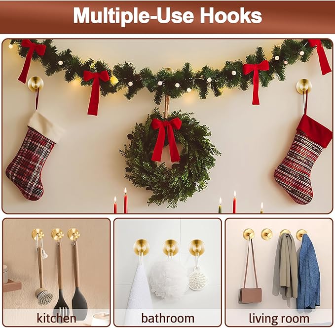 4Pcs Suction Cup Hooks for Wreaths, Shower Suction Cup Hooks, Strong Suction Cup Hanger for Front Door, No-Drill & Removable Holders for Window Glass, Bathroom, Kitchen Mirror, Wall (Gold)