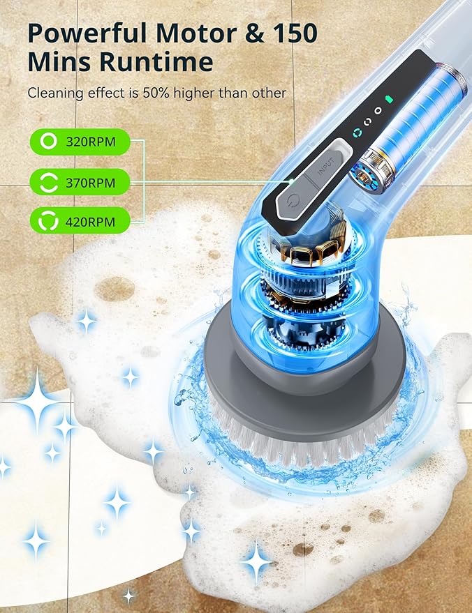 Electric Spin Scrubber, Cordless Bathroom Cleaning Brush for Home, 420PRM Shower Scrubber with 8 Replaceable Head, 3 Speeds, Adjustable Long Handle for Bathroom, Bathtub, Car, Kitchens- Grey