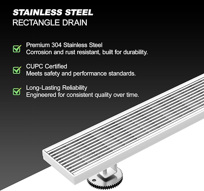 304 Stainless Steel Shower Drain, Removable Grate & Hair Catcher Bathroom Floor Drain with Waterproof Design for Tile Floor, CUPC Compliant (Brushed Finish, 36 Inch)