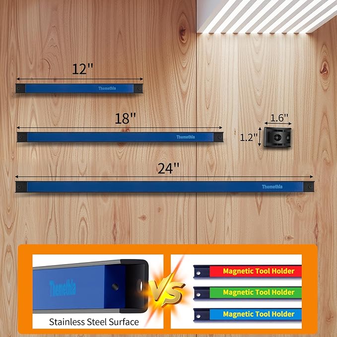 18" Magnetic Tool Holder Strip, 6 Pieces Blue Metal Tool Organizer Rack with Stainless Steel Surface, Magnet Bar for Garage Workshop, Easy To Install with Mounting Screws