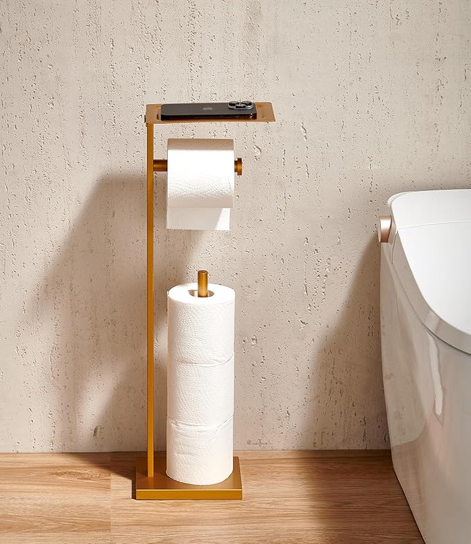 Miyili Bathroom Lavatory Toilet Paper Holder with Shelf Stainless Steel Freestanding Toilet Tissue Roll Holder Square Style Gold, F04G2