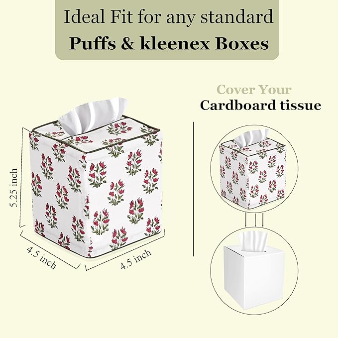 Ridhi Marmalade Red Block Print Tissue Box Cover – Handmade Cotton Fabric Tissue Holder for Home Bedroom Living Room Bathroom Vanity Car Nightstand Office Kitchen – Decorative Square Napkin Holder