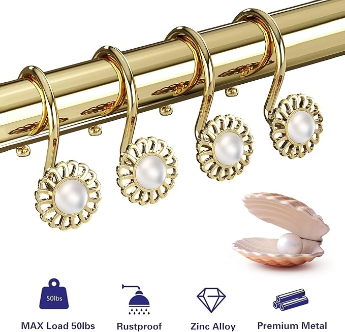Gold Shower Curtain Hooks Rings, Decorative Shower Curtain Hangers, Heavy Duty Metal Shower Rings, Sunflower Shower Hooks for Shower Curtain Rod and Liner, Bathroom Curtain Hooks, Luxury Gold, iToplin