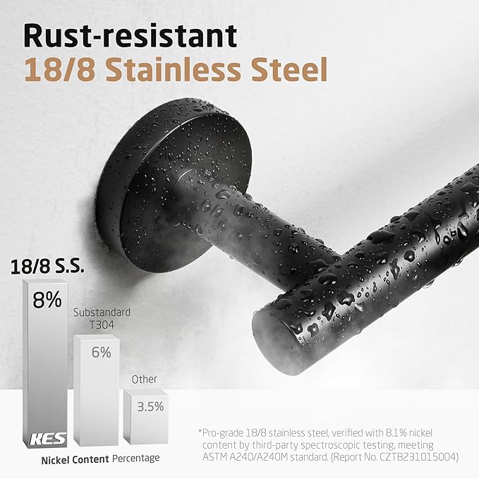 KES 9.6 Inches Matte Black Hand Towel Bar Bathroom Towel Holder Kitchen Dish Cloths Hanger SUS304 Stainless Steel RUSTPROOF Wall Mount, Total Length 12 Inch, A2000S30-BK