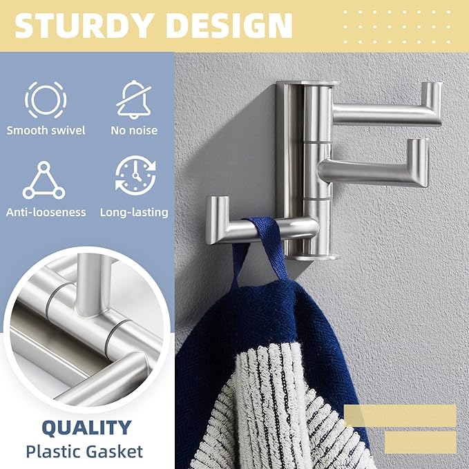 APLusee Swivel Towel Hook for Bathroom Wall Mounted, 304 Stainless Steel 3 Arms Clothes Hook, Flexible Bathroom Kitchen Wall Towel Hanger, Brushed Nickel