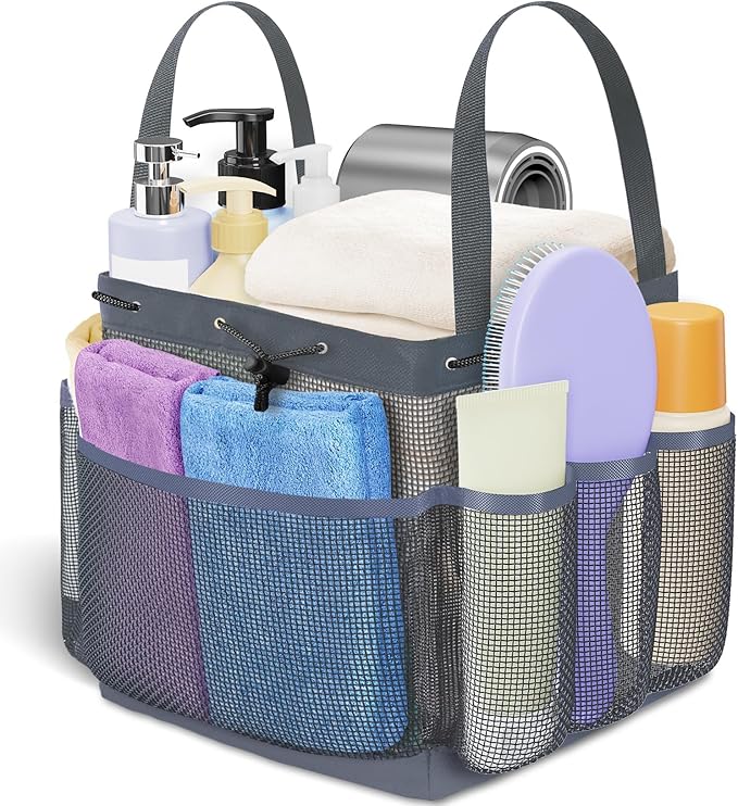 Mesh Shower Caddy Portable with Drawstring, 1 Main Compartment+ 7 Pockets, College Dorm Room Essentials for Girls, Shower Organizer Hanging Bag for Beach, Camp, Swim, Gym, Travel(Grey)