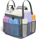 Mesh Shower Caddy Portable with Drawstring, 1 Main Compartment+ 7 Pockets, College Dorm Room Essentials for Girls, Shower Organizer Hanging Bag for Beach, Camp, Swim, Gym, Travel(Grey)