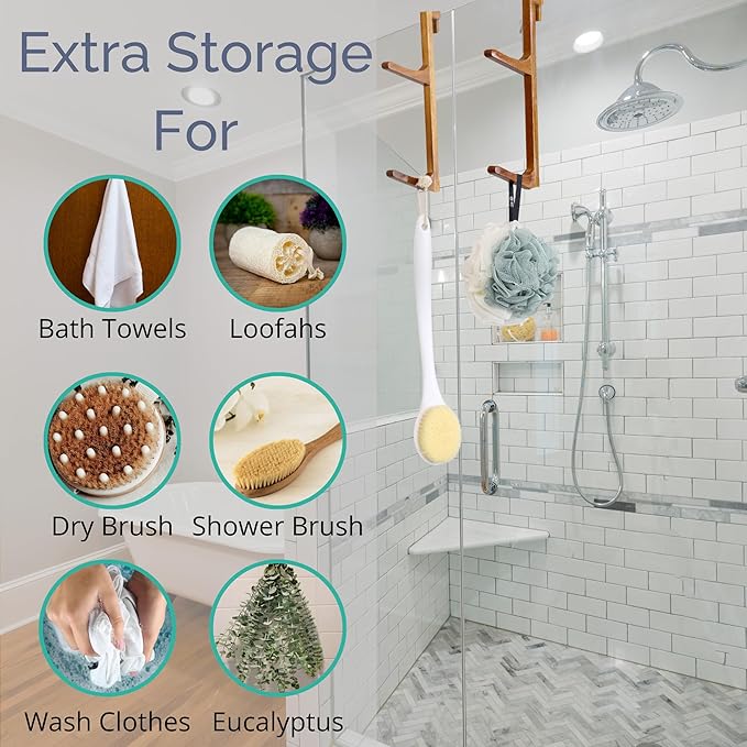 Over Shower Door Towel Hook - No Drill, No Rust, Moisture Proof Hard Wood - Shower Door Hooks for Towels - Space-Saving Bathroom Organizer Home Decor - 2pcs