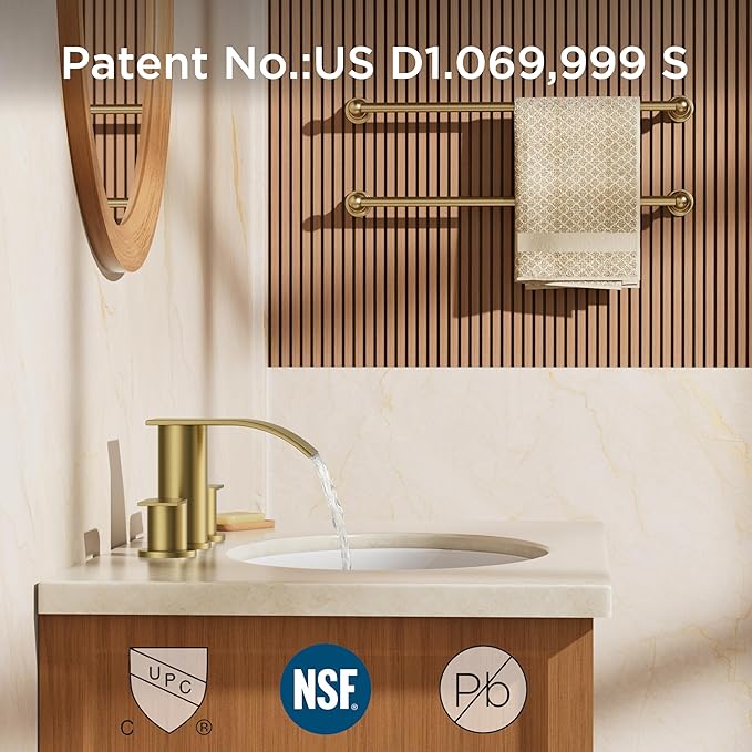 FORIOUS Upgrade Brushed Gold Bathroom Faucets 3 Hole, 8 Inch Widespread Waterfall Bathroom Sink Faucet Two Handle with CUPC Hose and Metal Pop-up Drain for Lavatory, Farmhouse, Rv Remodel