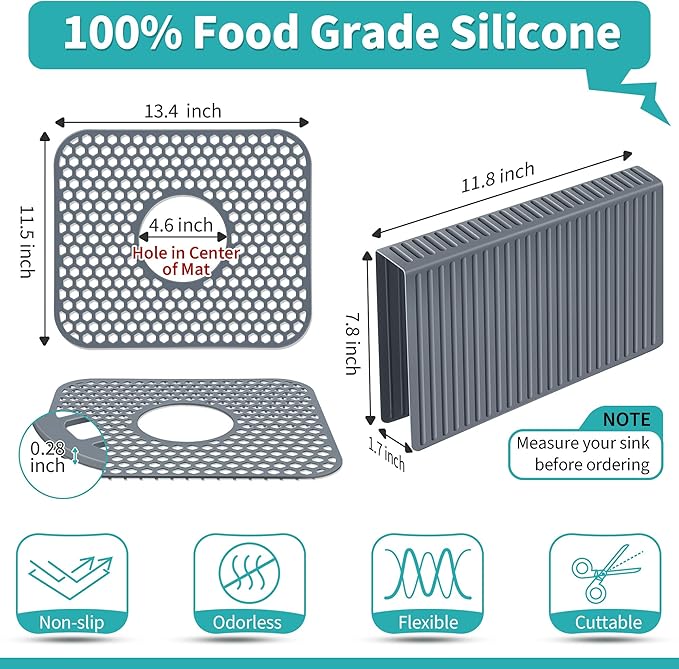3 Pack Sink Mat and Sink Saddle Set, Sink Protectors for Kitchen Sink, Silicone Sink Saddle Mat Dishwasher Safe, Non Slip Folding Sink Grid to Protect Sink from Stains, Damage, Scratches