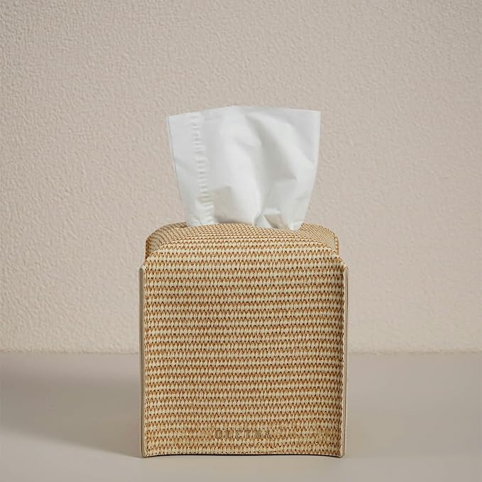 OLETHA Square Tissue Box Cover - Aesthetic Desk Decor for Room, Home & Office - Tissues Cube Boxes Holder - Rattan Textured