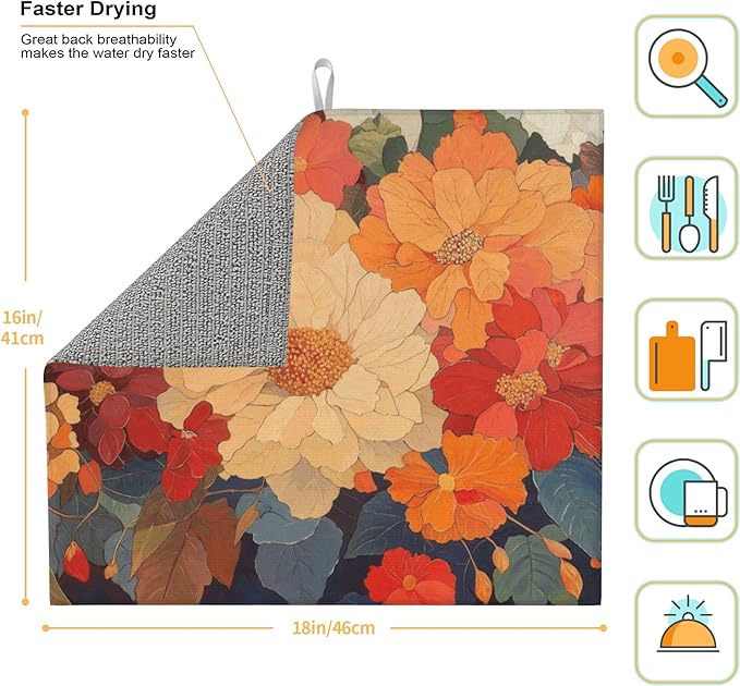 Colorful Floral Dish Drying Mat for Kitchen Counter, 16"x18" Microfiber Absorbent Fast Dry Mat, 2Pcs Dish Mat Faucet Mats Sets, Large Drying Kitchen Mat Kitchen Drying Pad Coffee Bar Decor Gifts
