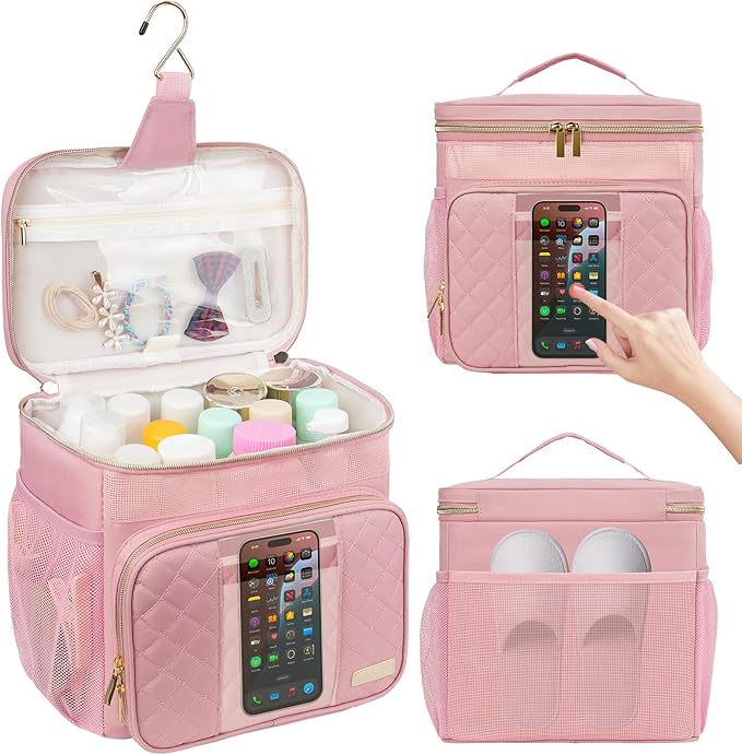 Portable Shower Caddy (Full Size Bottle Compatible),Travel Shower Tote Bag with Quick Dry Mesh Base,Hanging Toiletry Cosmetic Bag for Gym,College,Camping & Dorm, Pink
