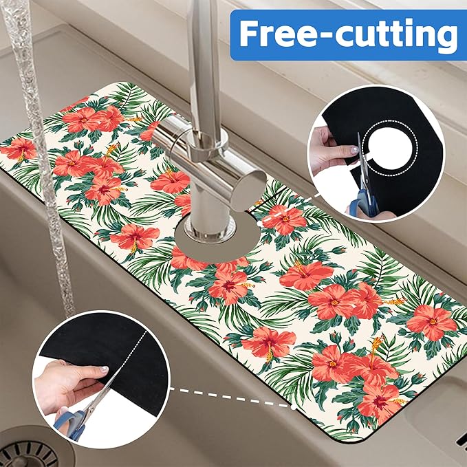 Tropical Leaves and Red Floral Kitchen Sink Splash Guard Mat Absorbent Fast Drying Mat Faucet Draining Mat Sink Splash Guard Behind Faucet Drip Catcher for Kitchen Bathroom 5.5"×15"