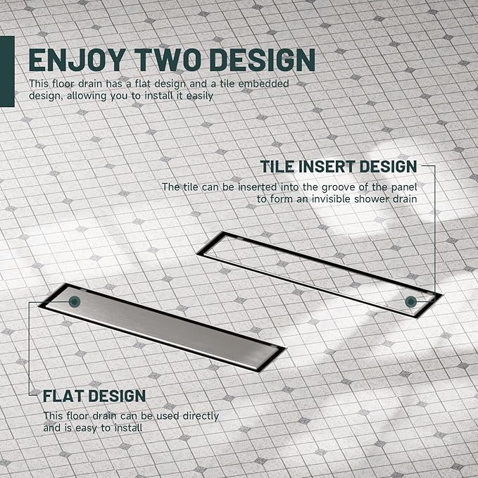 12-Inch Linear Shower Floor Drain, Stainless Steel Bathroom Floor Drains, Rectangular Shower Trench Floor Drain, Hair Strainer, Brushed Nickel
