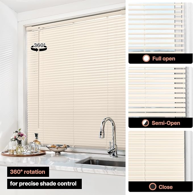 LazBlinds No Tools No Drill Cordless 1" Vinyl Mini Blinds, 100% Privacy S-Curve Blinds for Indoor Windows, Room Darkening Horizontal Window Blinds and Shades for Home, 48" W x 48" H, Beige