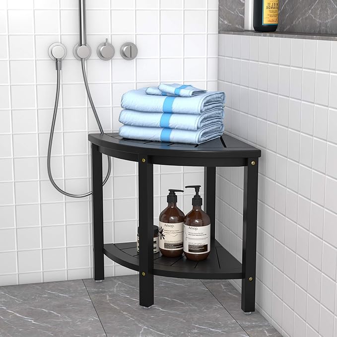 Zhuoyue Bamboo Corner Shower Stool Bench Waterproof with Storage Shelf, for Shaving Legs or Seat in Bathroom & Inside Shower