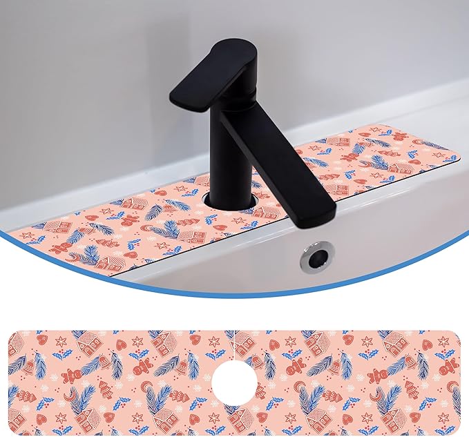 Faucet Mat Splash Guard Christmas Gingerbread Man Feather Bell, Soft Diatom Mud Material, Strong Water Absorption, Non-slip,Easy to Clean for Bathroom, Kitchen 23.5"X5.5"
