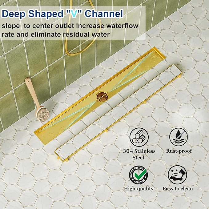 Neodrain 18-Inch Linear Shower Drain with Tile Insert Grate, Golden 304 Stainless Steel Rectangle Shower Floor Drain, Linear Drain with Leveling Feet, Hair Strainer
