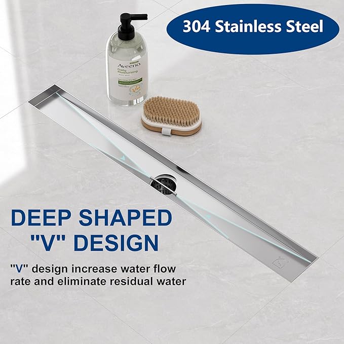 Neodrain 36-Inch Brushed Linear Shower Drain, 2-in-1 Flat & Tile Insert Cover, Stainless Steel Linear Drain, Brushed Rectangle Shower Floor Drain with Hair Strainer, Shower Drain Base
