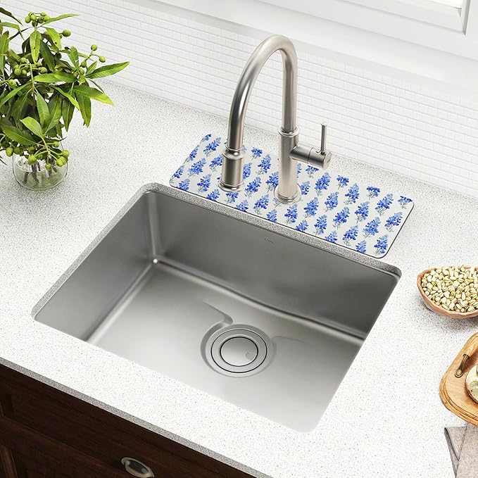 Watercolor Bluebonnets Lavender Herb Kitchen Sink Splash Guard Sink Faucet Mat Faucet Handle Drip Catcher Drain Mats for Kitchen Bathroom Countertop Absorbent Dish Drying Pad 2Pack