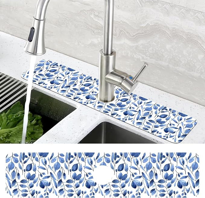 Watercolor Blue Leaves Sink Faucet Absorbing Mat Sink Splash Guard Faucet Mat Draining Mat Fast Drying Sink Protectors for Kitchen and Bathroom 5.5"×24"