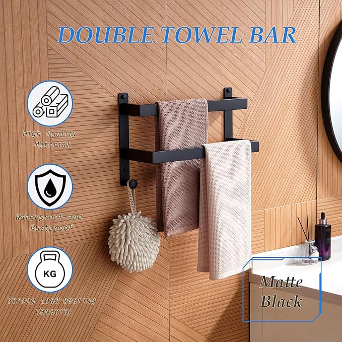 16 Inch Double Towel Bar with Hooks Matte Black, Stainless Steel Bath Shower Towel Rack Wall Mounted Towel Rod Holder for Bathroom