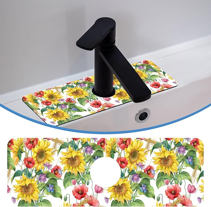 Faucet Mat for Kitchen Sink Sunflower Cornflower Poppy Barley, Soft Diatom Mud Material, Strong Water Absorption, Non-slip, Easy to Clean for Bathroom, Kitchen 15"X5.5"