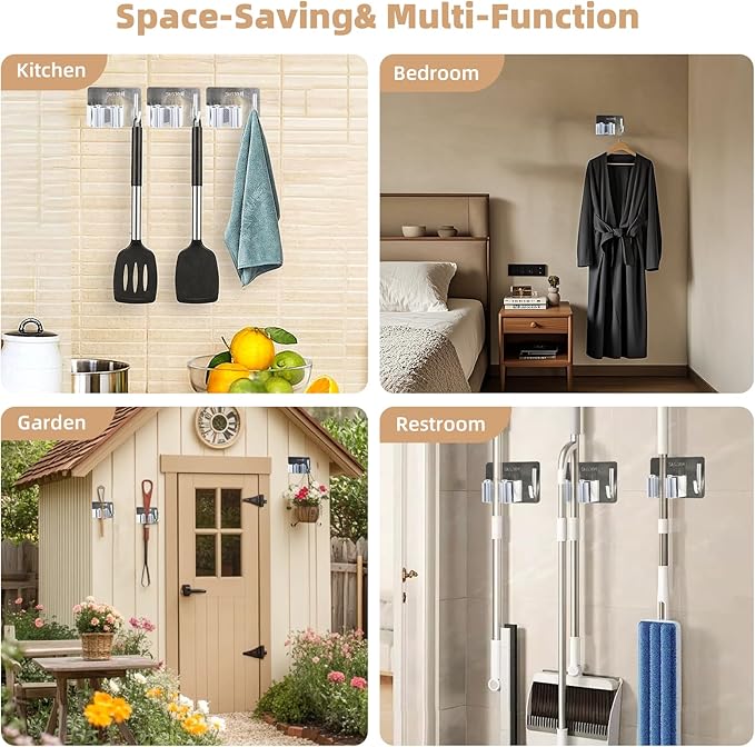 Mop and Broom Rack, Used for Hanging and organizing Tube-Shaped Tools Such as mops and Brooms, with Hooks, Elegantly Releasing Space, Suitable for bathrooms, Kitchens, Offices, etc (Silver)