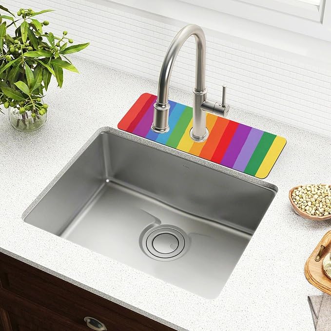 Kitchen Sink Splash Guard 2 PCS 14.7 Inch Sink Faucet Mat Splash Guard for Bathroom Countertop Water Absorbent Foldable Cuttable Soft Washable Vibrant Colorful Stripes