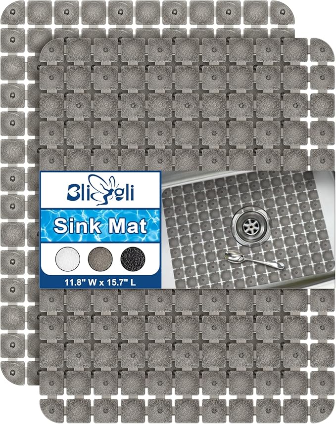 Bligli Sink Mat for Stainless Steel/Ceramic Sinks, 2 Pack 15.7x11.8 inches PVC Sink Protectors for Bottom of Kitchen Sink, Dishes and Glassware drain Mats, Durable and Fast Draining (Clear Grey)