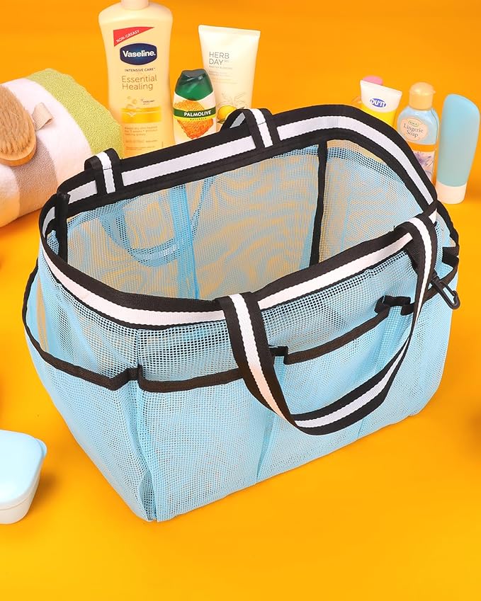 Ocim Large Portable Mesh Shower Caddy Bag Tote for Big Size Shampoo Bottles, Collapsible Quick Dry for College Dorm, Camping, Beach Pool Bathroom, Lake Blue