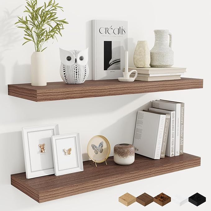 Fun Memories Floating Shelves for Wall, 32 Inch Rustic Wood Wall Mounted Shelves for Bathroom, Bedroom, Kitchen, Living Room, Deep Floating Shelves for Storage & Home Decor (Walnut, Set of 2)