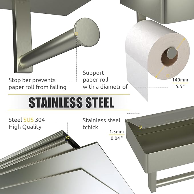 Brushed Nickel Toilet Paper Holder Wall Mounted with Shelf & Wipes Storage – Stainless Steel SUS304 Modern Toilet Tissue Roll Holder for Bathroom, Kitchen – Adhesive and Screw Installation