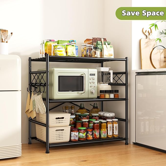 3Tier Storage Shelves Metal Shelving Unit Organizer,Adjustable Wire Shelving Rack Pantry Kitchen with Hooks,264 LBS Shelves for Laundry,Office and Bathroom Closet 23.6" W x 13.8" D x 30.9" H