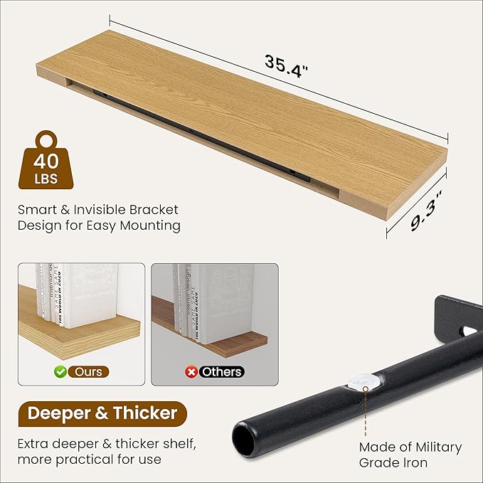 Fun Memories 36 Inch Deep Floating Shelves for Wall, 2 Pack of Wall Mounted Wood Shelves with Invisible Brackets for Bathroom, Bedroom, Living Room, Kitchen Decor and Storage, Oak