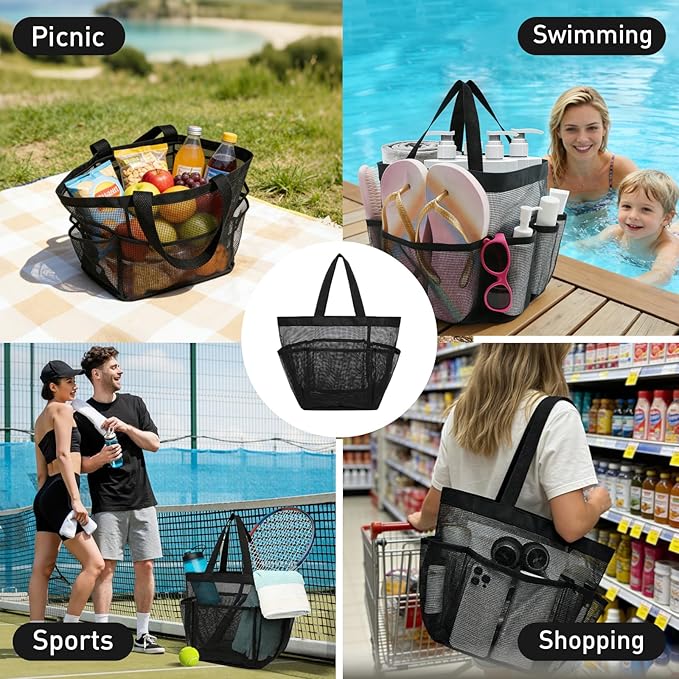 Mesh Shower Caddy Portable, Shower Tote Bag for Dorm Room Essentials, 8 Pockets Large Shower Basket for College Gym Beach Camping (1, Rose Red)
