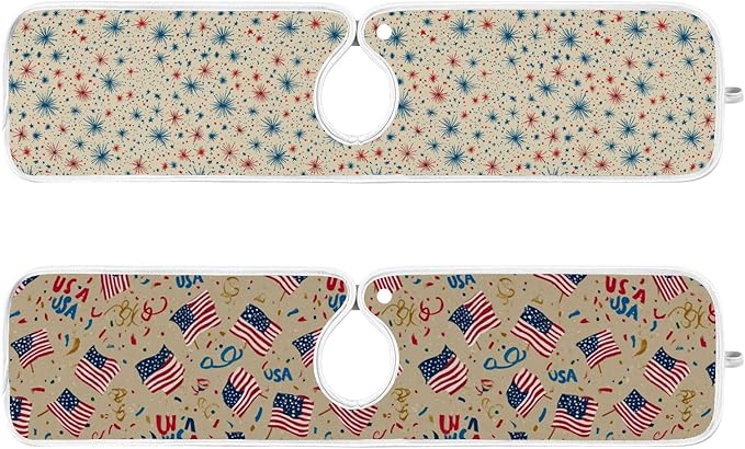 2 PCS Kitchen Sink Splash Guard 23.6 Inch Faucet Mat for Kitchen Sink Bathroom Sink Faucet Absorbing Drip Drain Mat Pad Microfiber Soft Washable Beige Patriotic Flags Fireworks