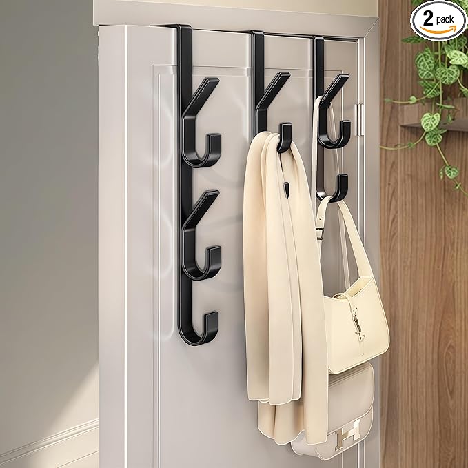 Over The Door Hooks, Door Hanger Hooks for Hanging Space Saving 5-Hook Organizer for Bathroom Apartment, Carbon Steel No Drill Hanger, Back of Door for Hanging Towel Rack, Clothes, Hat (3, Black)