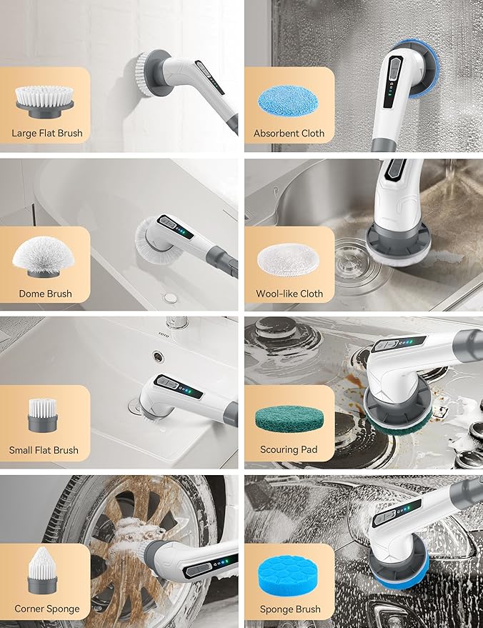 Electric Spin Scrubber, Cordless Bathroom Cleaning Brush for Home, 420PRM Shower Scrubber with 8 Replaceable Head, 3 Speeds, Adjustable Long Handle for Bathroom, Bathtub, Car, Kitchens- Grey