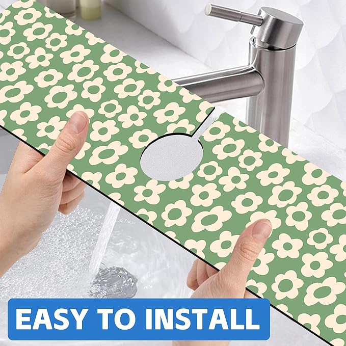 Vintage Groovy Flowers Sink Faucet Absorbing Mat Splash Guard Behind Faucet Sink Mat Absorbent Fast Drying Faucet Draining Mat for Bathroom Kitchen 5.5"×24"
