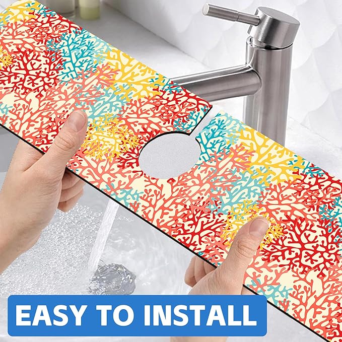 Colorful Sea Corals Dish Drying Mat for Kitchen Sink Splash Guard Behind Faucet Sink Mat Absorbent Fast Drying Faucet Draining Mat for Bathroom Kitchen 5.5"×24"