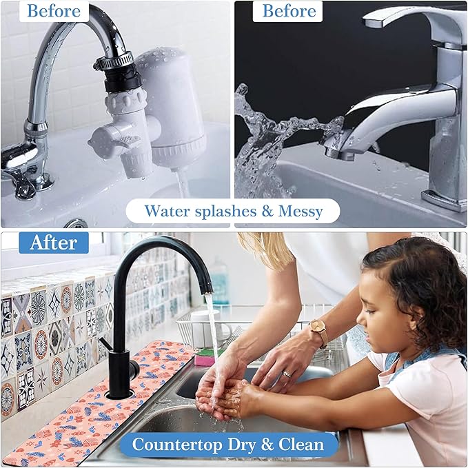 Faucet Mat Splash Guard Christmas Gingerbread Man Feather Bell, Soft Diatom Mud Material, Strong Water Absorption, Non-slip,Easy to Clean for Bathroom, Kitchen 23.5"X5.5"