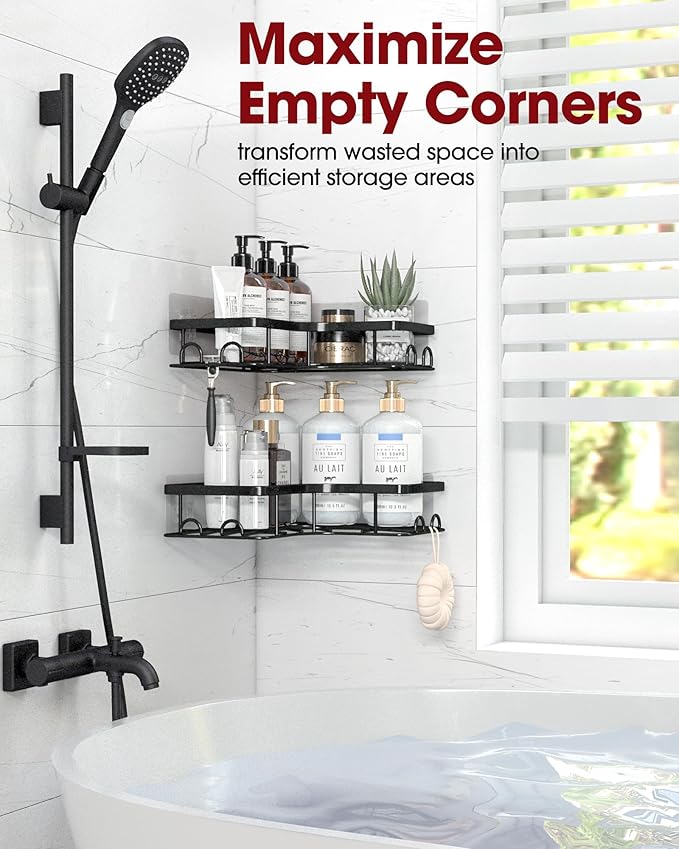 Corner Shower Caddy - 2 Pack, Adhesive Shower Organizers, Rustproof Stainless Steel Shower Shelves with 8 Hooks, No Drilling Bathroom Organizers and Storage Racks, Space-Saving, Black,Medium | Rustproof, Shower Shelves, 8 Hooks, Bathroom Organizers, St...