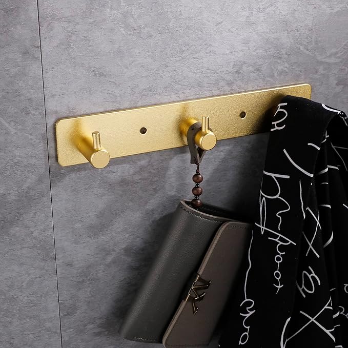 Adhesive Bathroom Gold Hook Rail, 3 Brushed Gold Wall Key Hooks Rack Hanger Towel Robe Stick Door Hooks for Bathroom Toilet Entryway Hallway Kitchen Wall Mounted