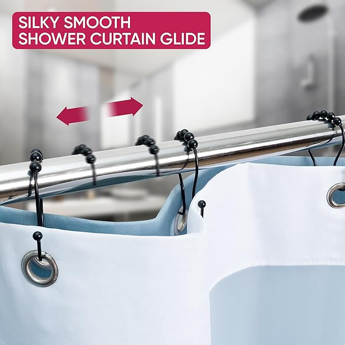 Shower Curtain Hooks Rust Proof (Set of 12) - Stainless Steel Shower Curtain Rings - Anti Slip Roller Balls for Easy Glide (Omega Double Hooks, Matte Black)